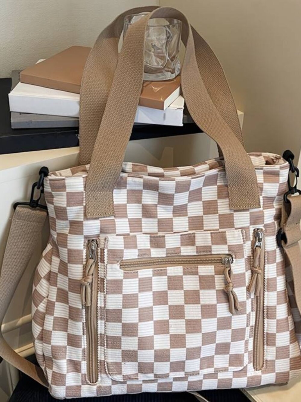 Checkerboard Corduroy Tote Bag Versatile Large Capacity Shoulder Crossbody - Picture 7 of 9
